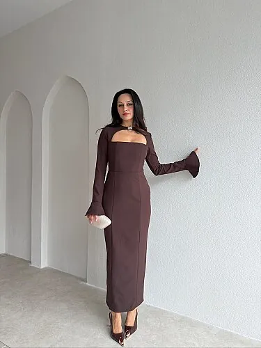 LUNAR Midi Elbise 4402 - Acı Kahve - 1
