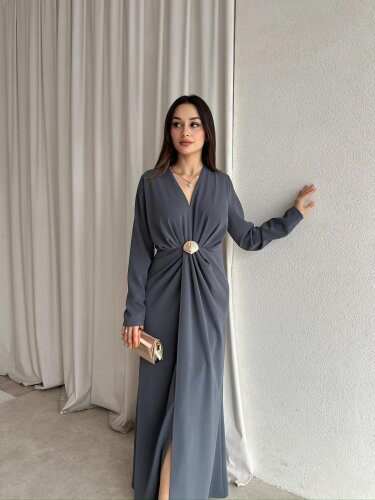 LUXE Maxi Elbise 8588 - Füme 