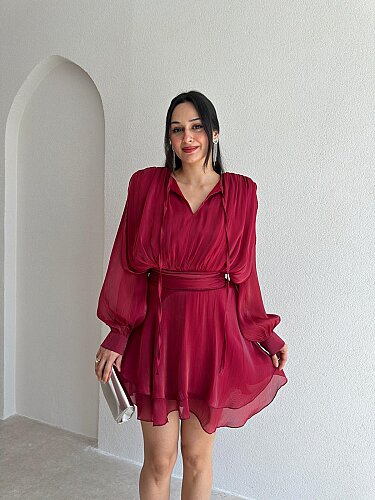 LYOCELL Mini Elbise 6341 - Bordo - 1