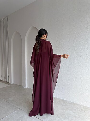  LYON Pelerinli Saten Maxi Elbise 4020 - Bordo - 3