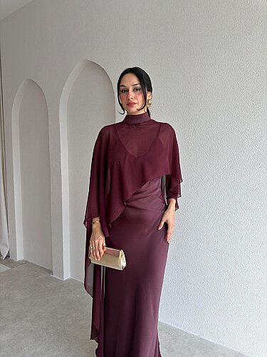  LYON Pelerinli Saten Maxi Elbise 4020 - Bordo - 2