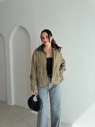  MANDELA Deri Yakalı Ceket 7469 - Haki - Mooi Butik