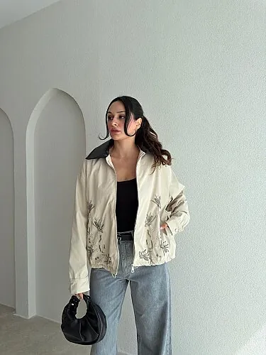 MANDELA Deri Yakalı Ceket 7469 - Krem Rengi - Mooi Butik