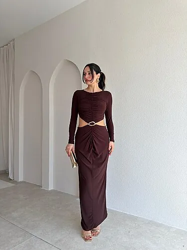 MELİNDA Bel Detaylı Maxi Elbise 4070 - Acı Kahve - Mooi Butik
