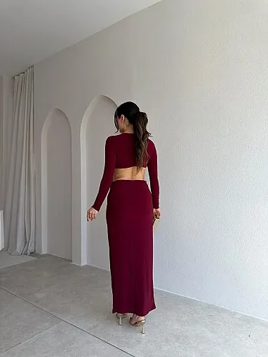 MELİNDA Bel Detaylı Maxi Elbise 4070 - Bordo - 3