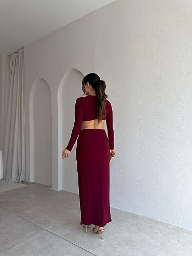 MELİNDA Bel Detaylı Maxi Elbise 4070 - Bordo - 3