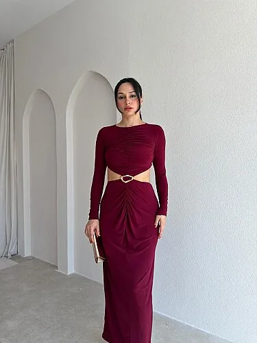 MELİNDA Bel Detaylı Maxi Elbise 4070 - Bordo - 2