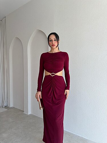MELİNDA Bel Detaylı Maxi Elbise 4070 - Bordo - 2