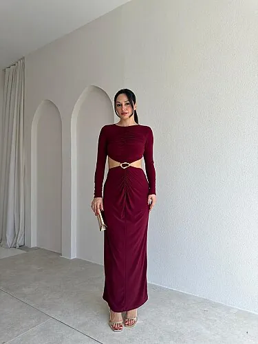 MELİNDA Bel Detaylı Maxi Elbise 4070 - Bordo - Mooi Butik