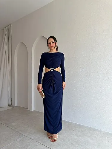  MELİNDA Bel Detaylı Maxi Elbise 4070 - Lacivert - Mooi Butik