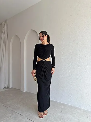 MELİNDA Bel Detaylı Maxi Elbise 4070 - Siyah - Mooi Butik