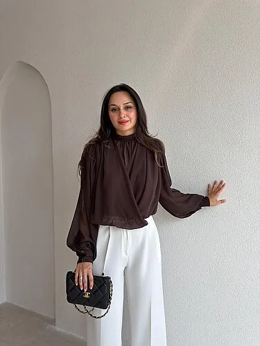 MENDY Şifon Bluz 4182 - Acı Kahve - Mooi Butik