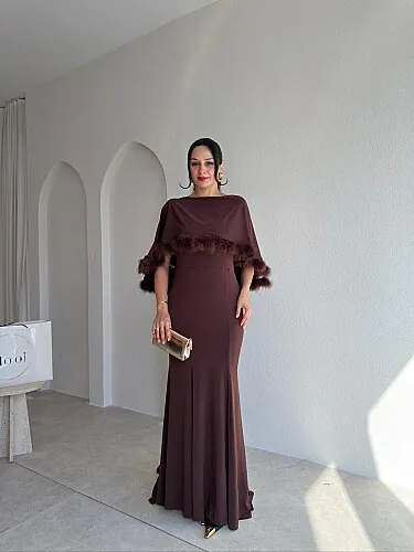 MİLANO Pelerin Detaylı Maxi Elbise 4223 - Acı Kahve - Mooi Butik