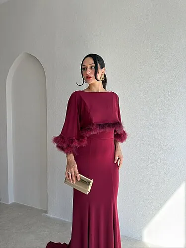MİLANO Pelerin Detaylı Maxi Elbise 4223 - Bordo - 2