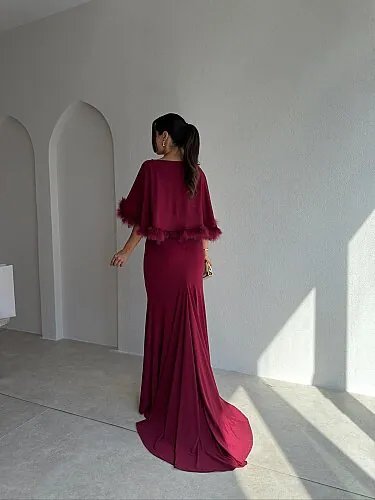 MİLANO Pelerin Detaylı Maxi Elbise 4223 - Bordo - 3