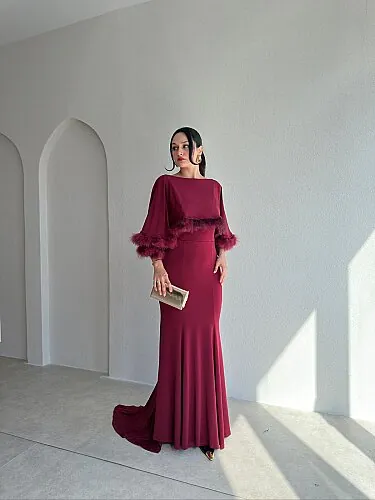 MİLANO Pelerin Detaylı Maxi Elbise 4223 - Bordo - Mooi Butik