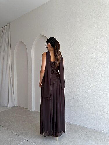  MİMOSA Maxi Şallı Elbise 8543 - Acı Kahve - 3