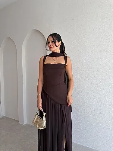  MİMOSA Maxi Şallı Elbise 8543 - Acı Kahve - 2