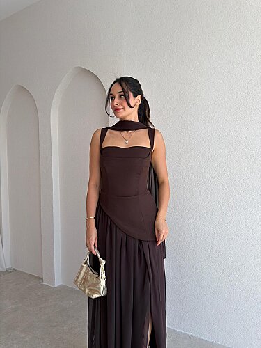  MİMOSA Maxi Şallı Elbise 8543 - Acı Kahve - 2