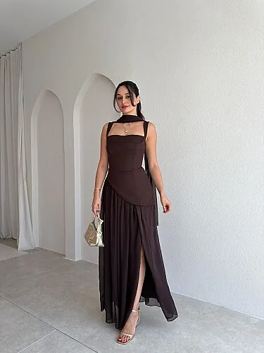  MİMOSA Maxi Şallı Elbise 8543 - Acı Kahve 