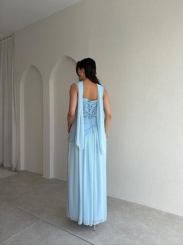 MİMOSA Maxi Şallı Elbise 8543 - Bebe Mavisi - 4