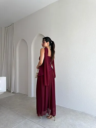 MİMOSA Maxi Şallı Elbise 8543 - Bordo - 3