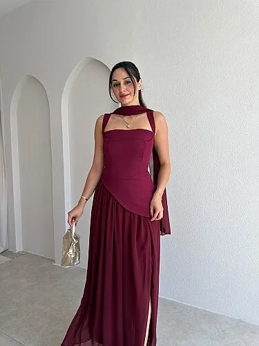 MİMOSA Maxi Şallı Elbise 8543 - Bordo - 2