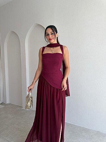 MİMOSA Maxi Şallı Elbise 8543 - Bordo - 2