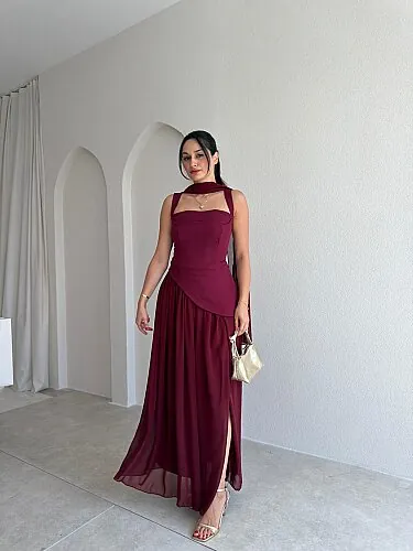 MİMOSA Maxi Şallı Elbise 8543 - Bordo - 1