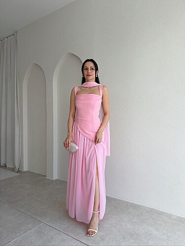 MİMOSA Maxi Şallı Elbise 8543 - Pembe - 1