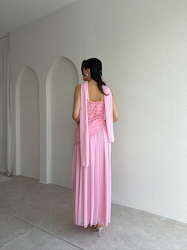 MİMOSA Maxi Şallı Elbise 8543 - Pembe - 3