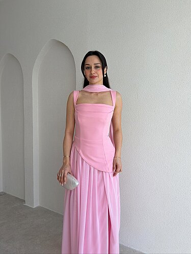 MİMOSA Maxi Şallı Elbise 8543 - Pembe - 2