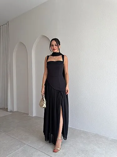 MİMOSA Maxi Şallı Elbise 8543 - Siyah - Mooi Butik