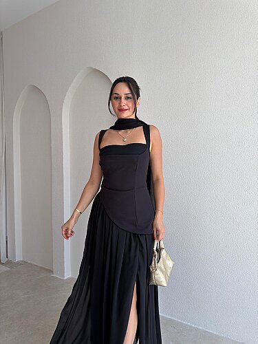 MİMOSA Maxi Şallı Elbise 8543 - Siyah - 2