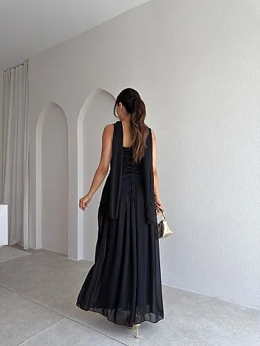MİMOSA Maxi Şallı Elbise 8543 - Siyah - 3