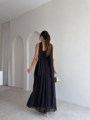 MİMOSA Maxi Şallı Elbise 8543 - Siyah - 3