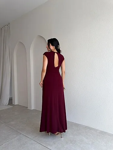 MİNARK Broş Detaylı Maxi Elbise 4047 - Bordo - 3