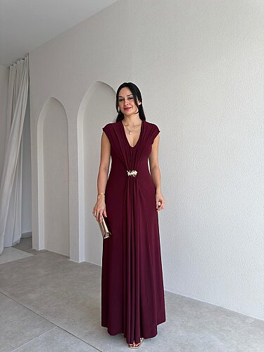 MİNARK Broş Detaylı Maxi Elbise 4047 - Bordo - 1