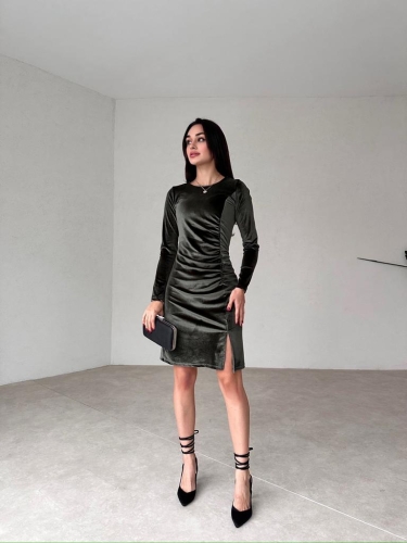 Mini Yırtmaçlı Kadife FREDRİC Elbise 2321 - Haki · 2