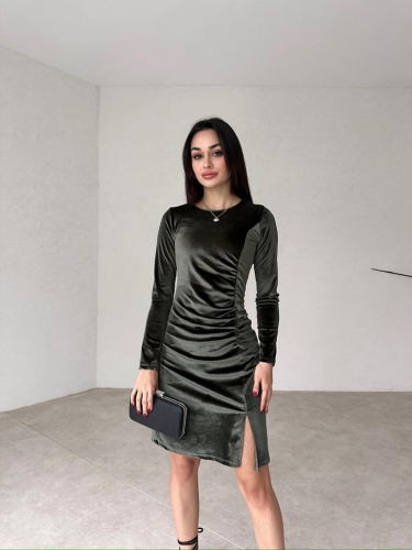 Mini Yırtmaçlı Kadife FREDRİC Elbise 2321 - Haki