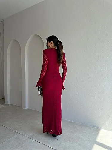  MİTSU Dantelli Maxi Elbise 4111 - Bordo - 3