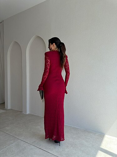  MİTSU Dantelli Maxi Elbise 4111 - Bordo - 3