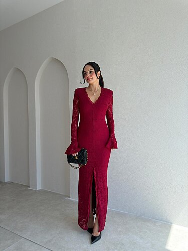 MİTSU Dantelli Maxi Elbise 4111 - Bordo - 1