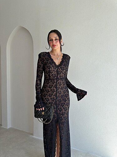 MİTSU Dantelli Maxi Elbise 4111 - Siyah - 2