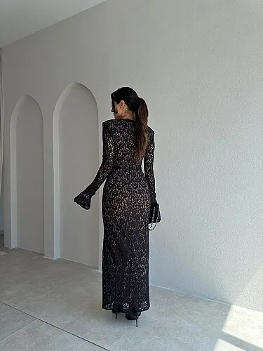 MİTSU Dantelli Maxi Elbise 4111 - Siyah - 3