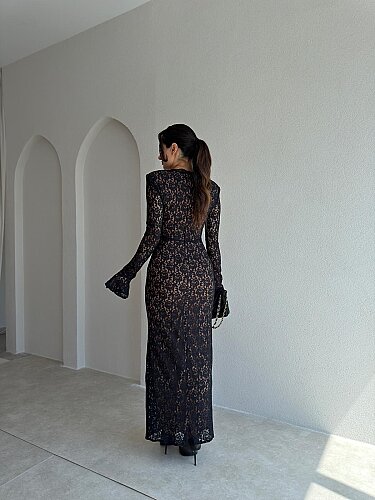 MİTSU Dantelli Maxi Elbise 4111 - Siyah - 3