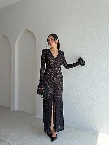 MİTSU Dantelli Maxi Elbise 4111 - Siyah - Mooi Butik