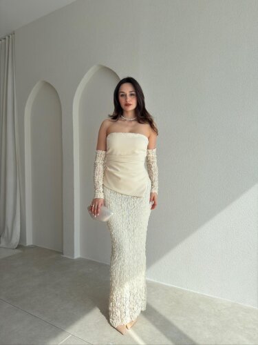 MOİRA Dantelli Maxi Elbise 9985 - Krem Rengi 