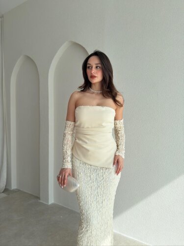 MOİRA Dantelli Maxi Elbise 9985 - Krem Rengi - 2
