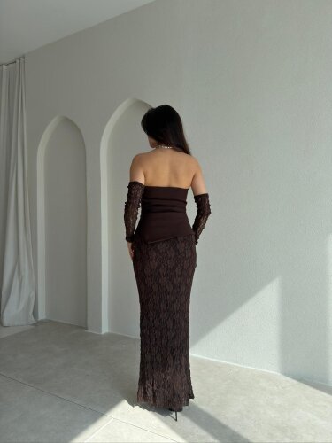 MOİRA Dantelli Maxi Elbise 9985 - Acı Kahve - 3
